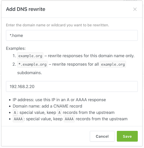 Screenshot of DNS rewrite options on AdGuard Home